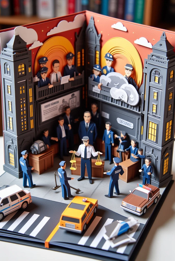 The image is a highly detailed, vibrant, photograph of a scene from a pop-up book, featuring (SUBJECT/ENVIRONMENTAL DETAILS) A colored origami illustration depicting Frank Serpico in a moral and ethical crossroads. The scene includes a duality of justice: on one side, a heroic figure confronting corruption symbolized by shadowy figures offering bribes; on the other side, Serpico facing a gavel and scales of justice, representing the weight of rigid law and questionable morality. The backdrop blends urban elements of police stations and courtrooms, symbolizing the flawed system. The overall composition reflects the tension between strict adherence to law and moral disobedience, highlighting ethical dilemmas in a broken system.