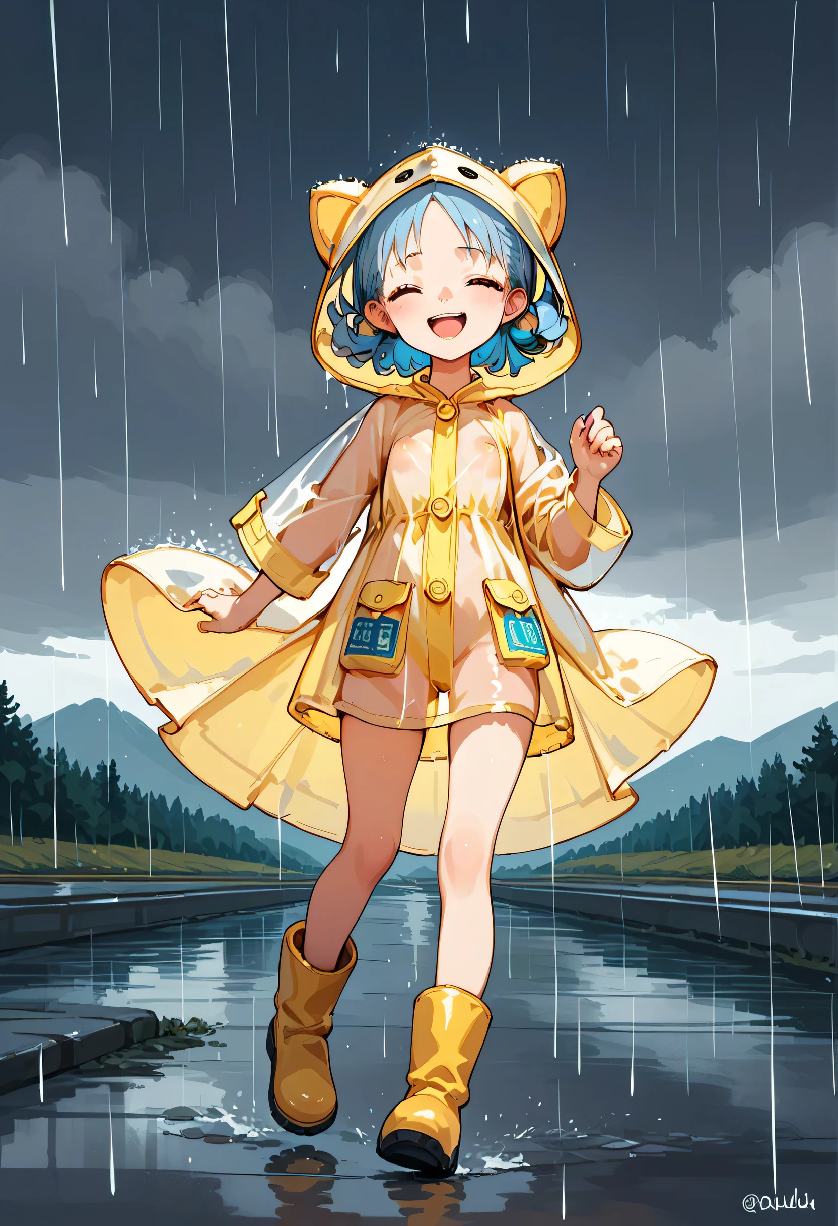 1girl,solo,li,8yearsold,short stature,((flat breasts)),light blue hair,medium hair,folded ponytail,parted bangs,white eyes,beer raincoat,put on hood,button closed raincoat,see-through raincoat,see-through nipples,rain boots,ridge road,rainy,skipping,laugh,looking at another
