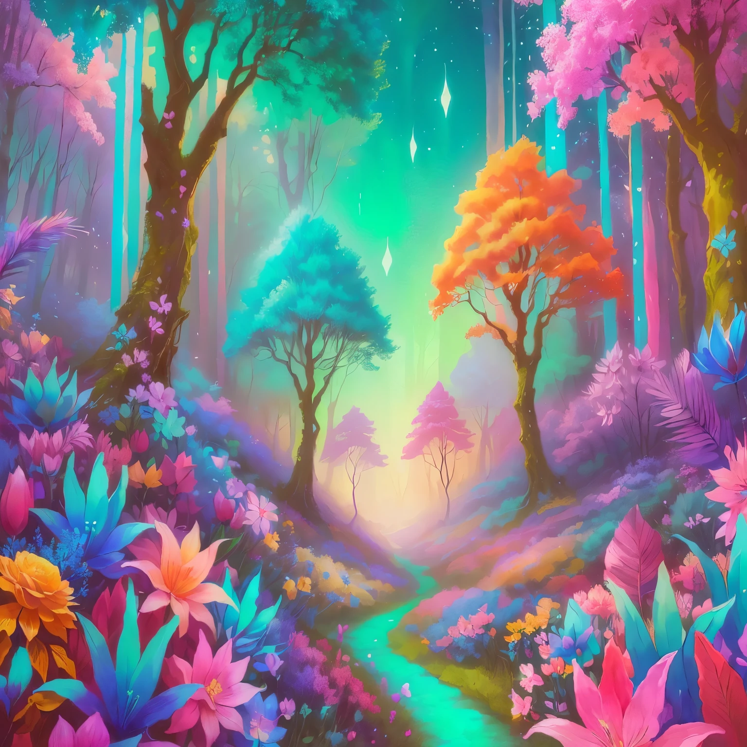  a painting of a forest with trees and flowers in the foreground, magical fantasy forest, magical world. colorful,  magic fairy forest , enchanted magical fantasy forest, fantasy forest, colorful hd picure,  psychedelic forest ,  dream scenery art ,  magical forest background , scenic colorful environment,  Magical colors and atmosphere , fantasy forest background, fantasy forest landscape, colorfull digital fantasy art