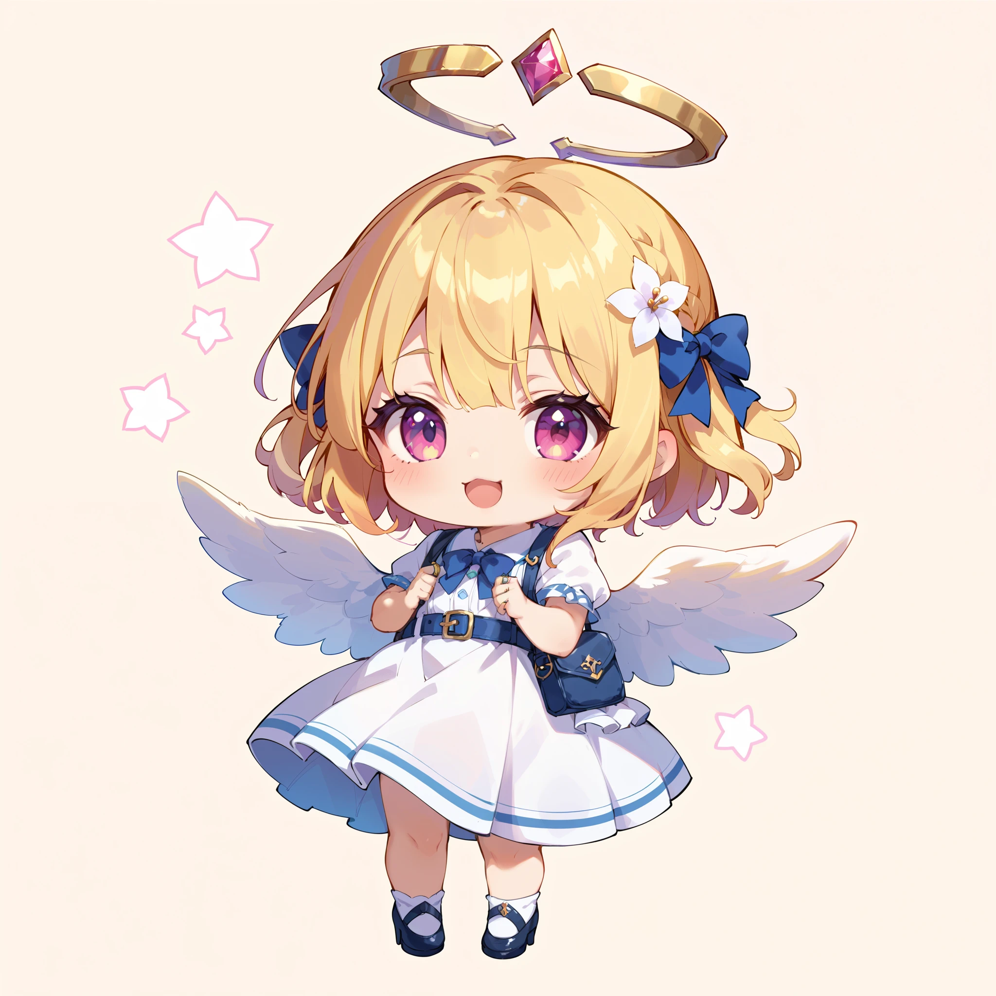 Chibi、Chibi character、 Cute Girl Characters、The feathered angel 、 Deformed、 white dress、 Ring of Angels 、 light effect、 cute pose、Single color background。