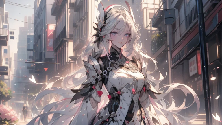 masterpiece,  Excellent Work , daytime, Outdoor, Falling Flowers,  white dress,  1 girl, Perfect Woman,  Woman with long silver white hair,  gray-blue eyes ,  light pink lips , Cold, Serious, Bang,  Purple Eyes ,  white clothes ,  Black Clothing Collection ,  exquisite face , Refined appearance,  Standing and bowing , tassel, Happy Knot ,  Smile