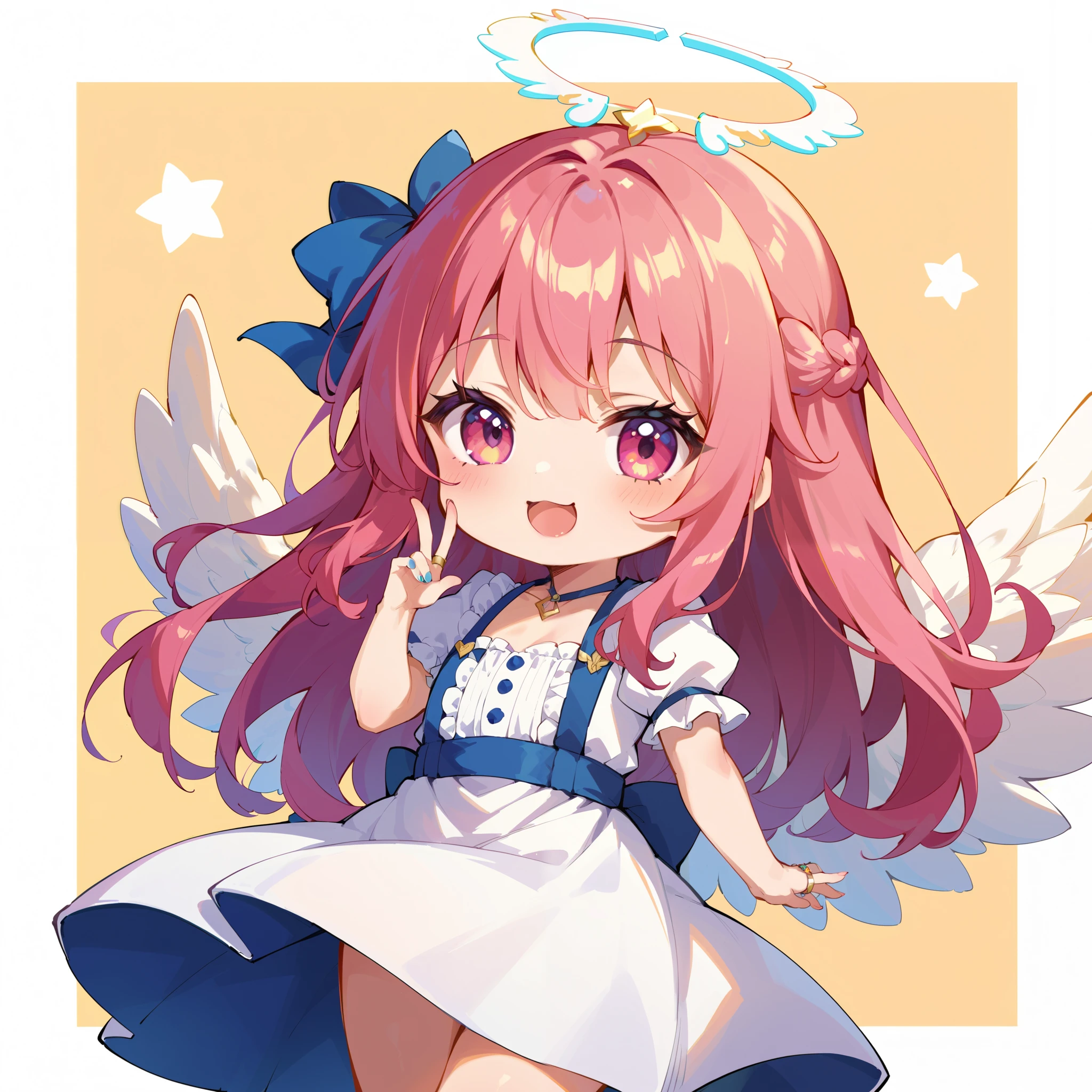 Chibi、Chibi character、 Cute Girl Characters、The feathered angel 、 Deformed、 white dress、 Ring of Angels 、 light effect、 cute pose、Single color background。