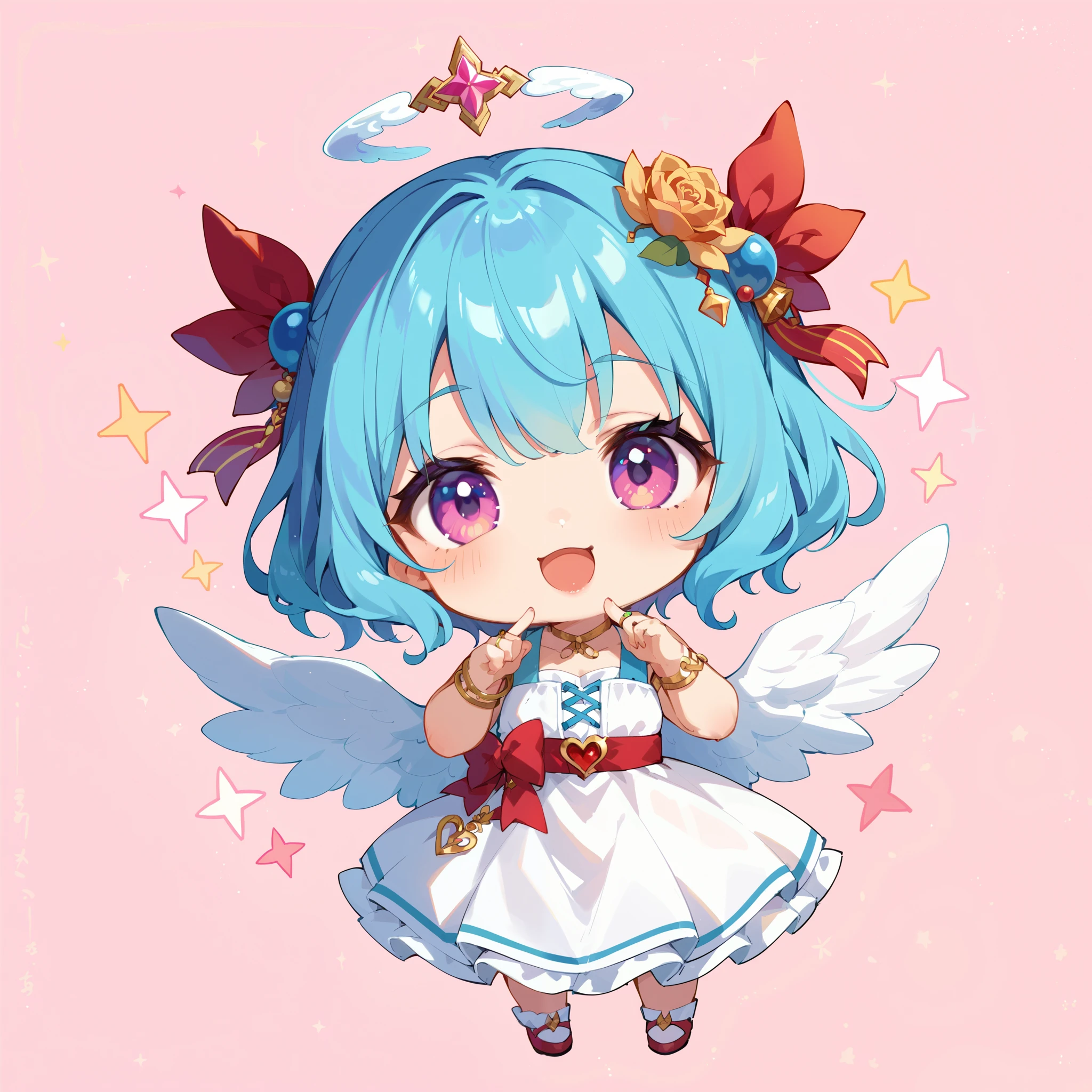 Chibi、Chibi character、 Cute Girl Characters、The feathered angel 、 Deformed、 white dress、 Ring of Angels 、 light effect、 cute pose、Single color background。