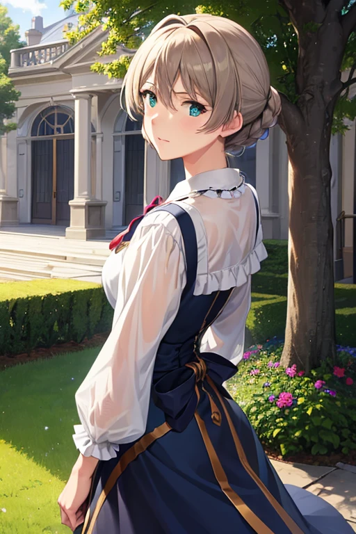  Violet Evergarden,masterpiece,  best quality,  one girl , Alone,  blonde hair,  blue eyes,  's hair between your eyes,  look at the viewers, ribbon, 赤いribbon,  woven ,  ヘアribbon,  Blue T-shirt, gem, bangs, Outdoor, brooch,   hair intake  , anime coloring,  ascot , Blur background, Blur, ホワイト ascot , tree,  closed mouth ,  portrait,  Day Glass Story Detailed CG , (   Perfect Anatomy  ),living、 highly detailed CG , (   Perfect Anatomy  ),Sense of life 