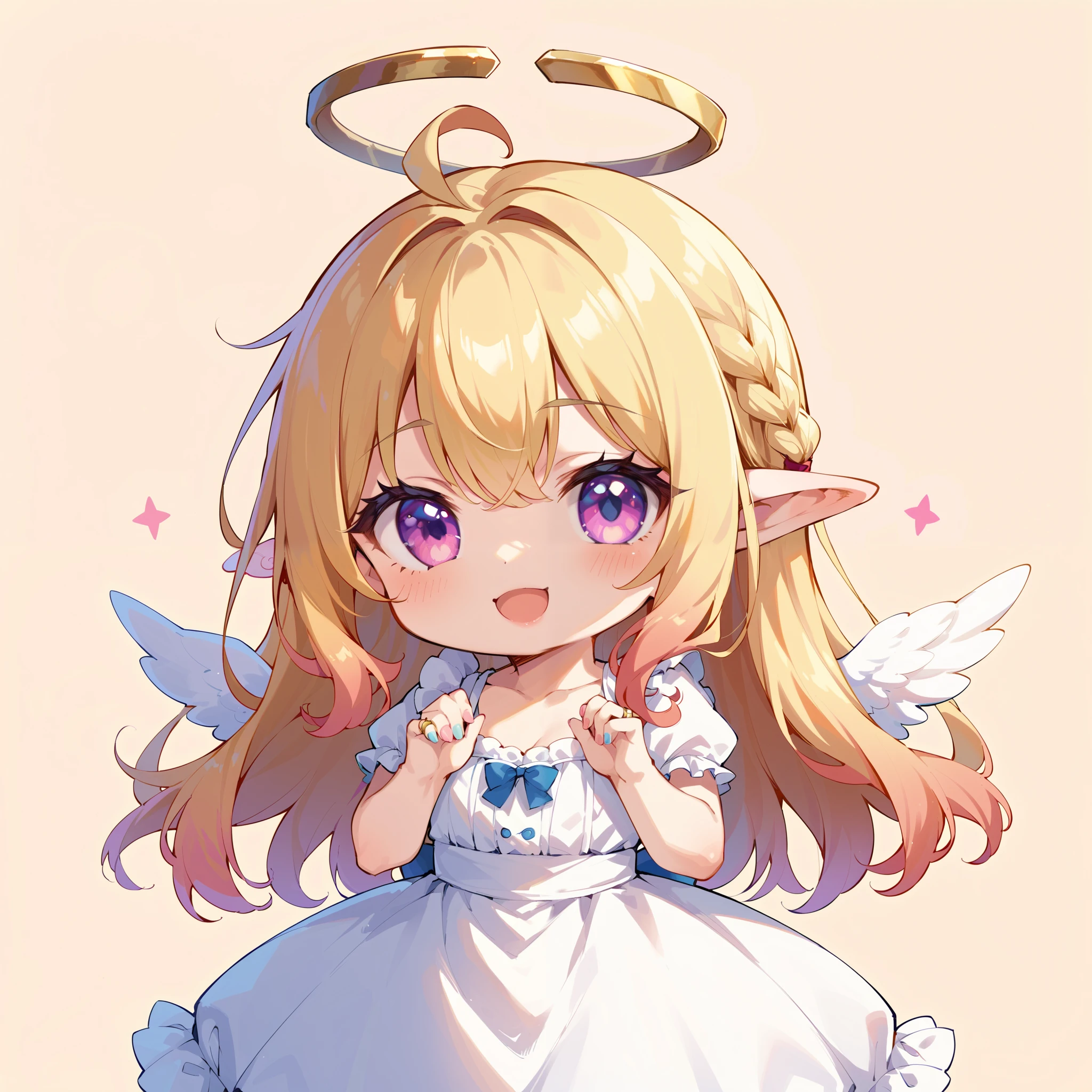 Chibi、Chibi character、 Cute Girl Characters、The feathered angel 、 Deformed、 white dress、 Ring of Angels 、 light effect、 cute pose、Single color background。