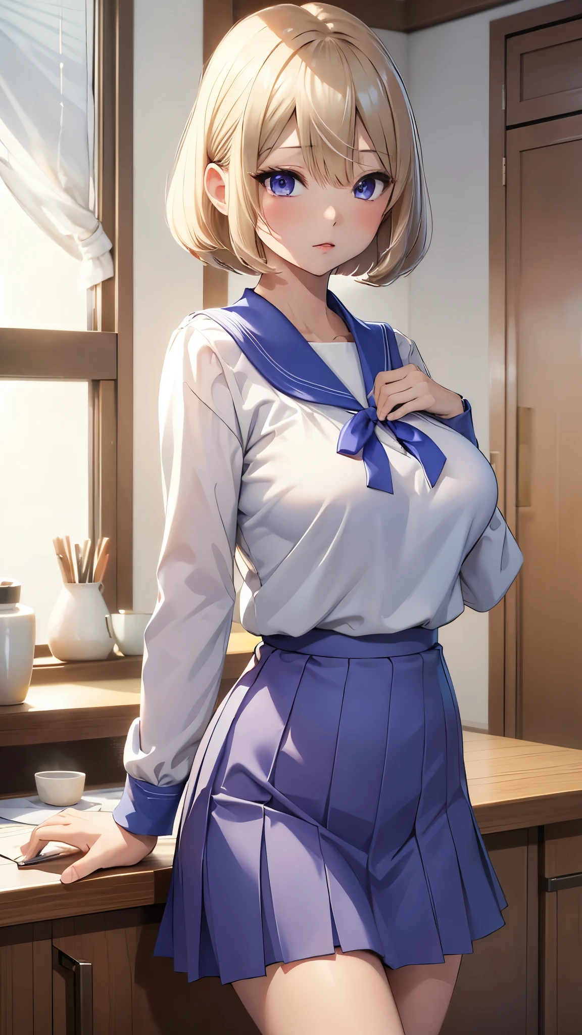 Umino Yuki、masterpiece,  best quality、 best quality,(8k resolution),Beauty、 （  Sexy Perfect Style）、(  Big Breasts )、Blonde Bob Cut、(white and blue sailor uniform)、( blue skirt)、((Bring your chest closer))、 purple eyes、