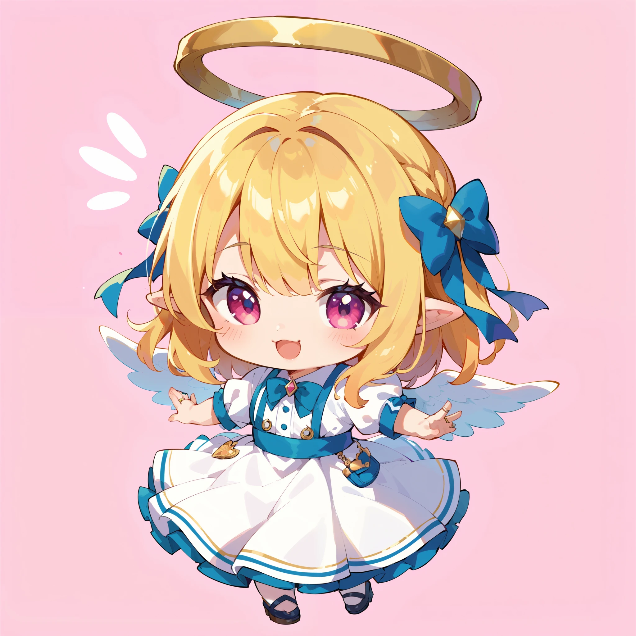 Chibi、Chibi character、 Cute Girl Characters、The feathered angel 、 Deformed、 white dress、 Ring of Angels 、 light effect、 cute pose、Single color background。