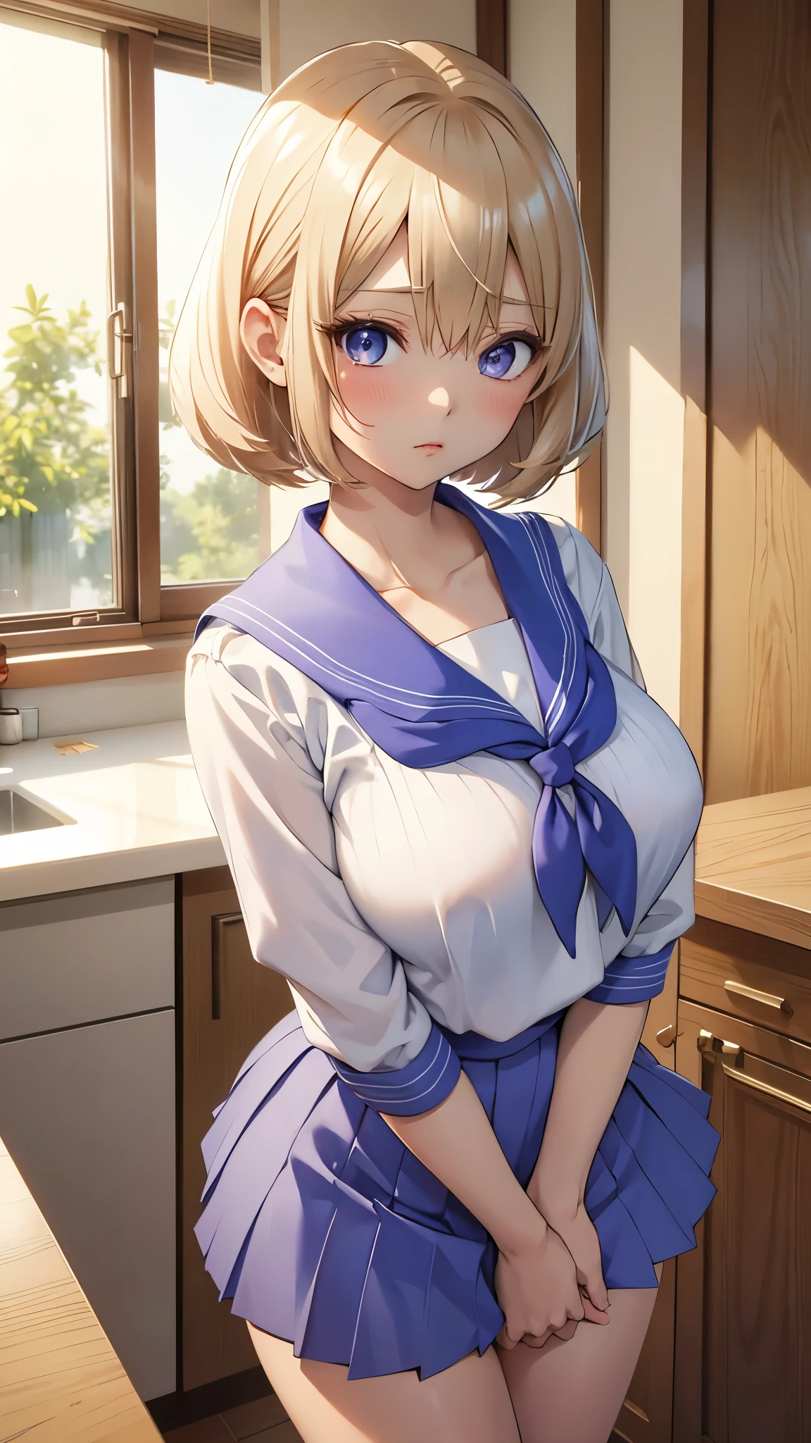 Umino Yuki、masterpiece,  best quality、 best quality,(8k resolution),Beauty、 （  Sexy Perfect Style）、(  Big Breasts )、Blonde Bob Cut、(white and blue sailor uniform)、( blue skirt)、((Bring your chest closer))、 purple eyes、