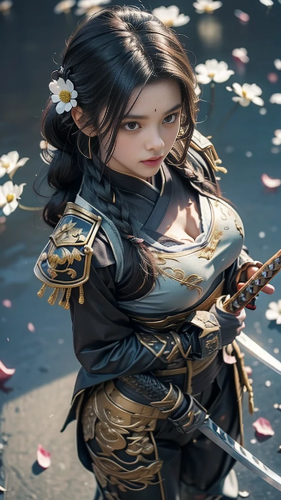 A sexy female character dressed as a warrior from the Warring States period、((Braided hair))、((onyx black hair))、((toned body))、 toned body、She has ample breasts and plump thighs、 The yellow armor with a chrysanthemum pattern engraved on it is bikini type and is designed to emphasize chest exposure、( Wear a chrysanthemum-patterned cape )、 white super miniskirt、 yellow shin guards with chrysanthemum petals engraved 、Yellow high-cut underwear、Yellow tights、 absolute domain、((from above, upper body, looking down))、((Pose pulling a sword out of its scabbard ))、 Strong yet elegant atmosphere 、 they are ready to fight even now、 The background is a battlefield with chrysanthemums and petals scattered 、((Lots of chrysanthemum petals scattered all over the screen ))、 Super high resolution and realistic touch 、 shiny armor and fabric texture 、A dynamic pose is depicted in detail、