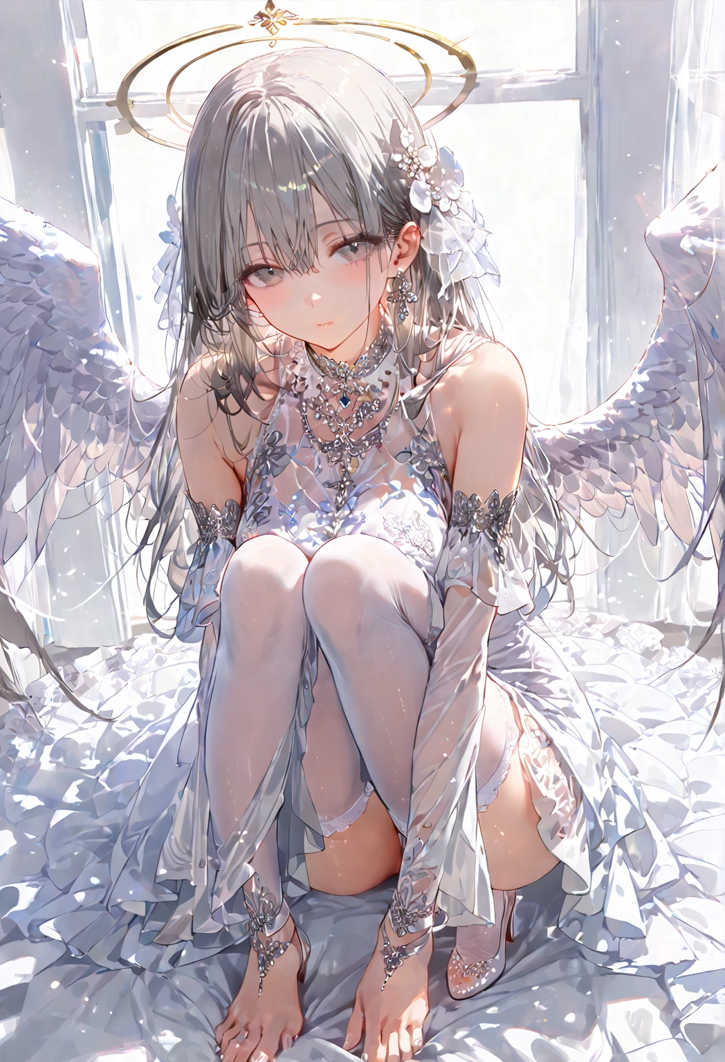 1 girl, solo, ((mature woman)), ((milf)), angel,
glossy skin, shiny skin, ((grey hair)) long hair, very long hair, bangs, grey eyes, perfect eyes,
dress, frills, wide sleeves, white dress, gem, jewelry, thigh highs, white thigh highs, white footwear, high heels, ((White theme)),
closed mouth, expressionless, ((both arms are behind her)), 
full body,
perfect hand, perfect eyes, perfect posture, perfect anatomy, 
((masterpiece)), 4K, 8K, best quality, score_9, score_8_up, score_7_up, ultra-detailed, ((portrait)),