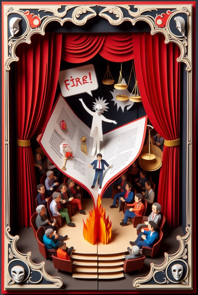 "An origami-style illustration depicting a theater scene with a crowded cinema auditorium, showing an abstract figure symbolizing 'freedom of speech' intertwined with a delicate contract scroll between the audience and cinema. In one corner, a figure is shouting 'Fire!' while the audience displays mixed reactions—panic, calm, and curiosity. On the edges of the image, subtle representations of minority rights like abstract masks (for sado-masochism) and justice scales highlight the theme of protecting fundamental freedoms. The overall composition emphasizes balance and nuance in a dynamic and intricate origami form."