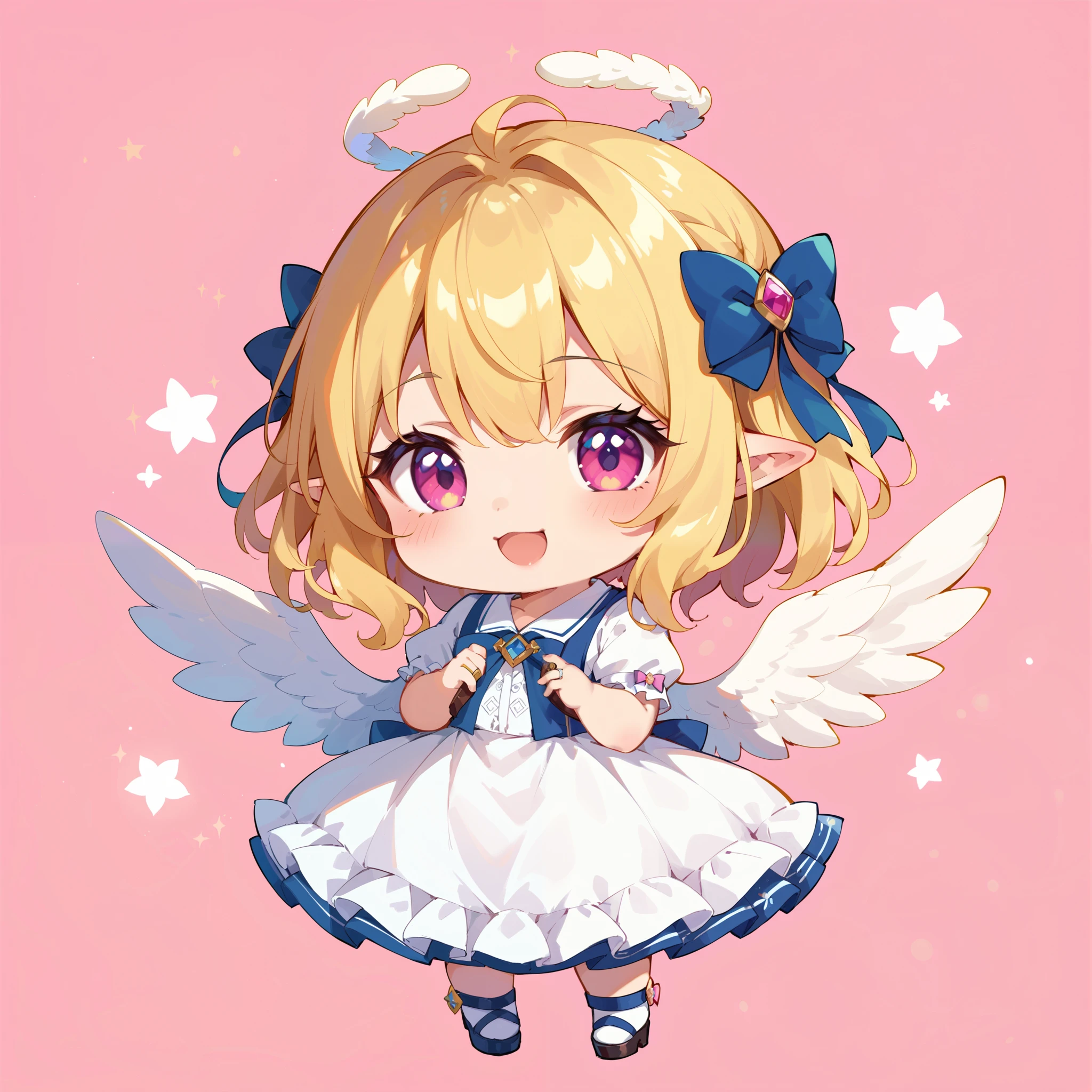 Chibi、Chibi character、 Cute Girl Characters、The feathered angel 、 Deformed、 white dress、 Ring of Angels 、 light effect、 cute pose、Single color background。