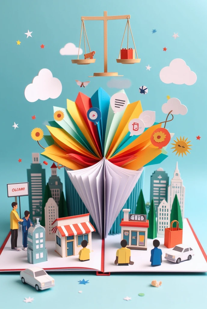 "An origami-style illustration showcasing the concept of advertising as a persuasive tool rather than coercion. The image features a folded megaphone radiating colorful waves of information, symbolizing both informative and motivational aspects of advertising. Around it, origami figures represent competition, such as folded paper business icons (a small shop, a factory, and a shopping bag). Above, a balanced scale folded in origami symbolizes freedom of expression and fairness. Subtle elements like origami-style government buildings in the background indicate the critique of regulation. The overall theme balances vibrancy and neutrality to emphasize persuasion and freedom."