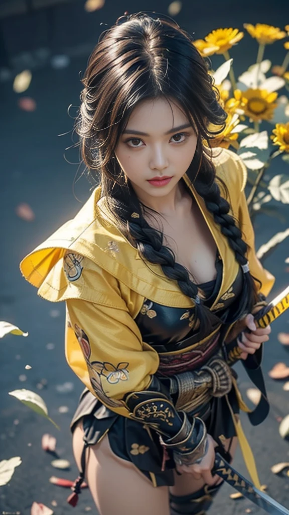  sexy female character dressed as a warrior from the Sengoku period、((Braided hair))、((onyx black hair))、((toned body))、 toned body、She has ample breasts and plump thighs、 The yellow armor with a chrysanthemum pattern engraved on it is bikini type and is designed to emphasize chest exposure、( Wear a chrysanthemum-patterned cape )、 white super miniskirt、 yellow shin guards with chrysanthemum petals engraved 、Yellow high-cut underwear、Yellow tights、 absolute domain、((look at viewerlook at viewer))、((from above, upper body, looking down))、((Pose pulling a sword out of its scabbard ))、 Strong yet elegant atmosphere 、 they are ready to fight even now、 The background is a battlefield with chrysanthemums and petals scattered 、((Lots of chrysanthemum petals scattered all over the screen ))、 Super high resolution and realistic touch 、 shiny armor and fabric texture 、A dynamic pose is depicted in detail、