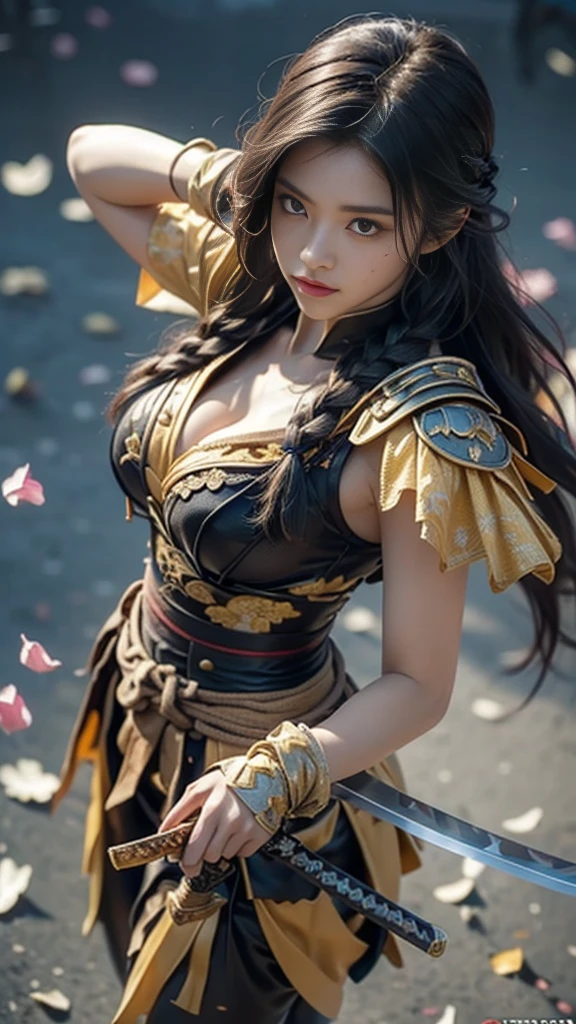  sexy female character dressed as a warrior from the Sengoku period、((Braided hair))、((onyx black hair))、((toned body))、 toned body、She has ample breasts and plump thighs、 The yellow armor with a chrysanthemum pattern engraved on it is bikini type and is designed to emphasize chest exposure、( Wear a chrysanthemum-patterned cape )、 white super miniskirt、 yellow shin guards with chrysanthemum petals engraved 、Yellow high-cut underwear、Yellow tights、 absolute domain、((look at viewerlook at viewer))、((from above, upper body, looking down))、((Pose pulling a sword out of its scabbard ))、 Strong yet elegant atmosphere 、 they are ready to fight even now、 The background is a battlefield with chrysanthemums and petals scattered 、((Lots of chrysanthemum petals scattered all over the screen ))、 Super high resolution and realistic touch 、 shiny armor and fabric texture 、A dynamic pose is depicted in detail、