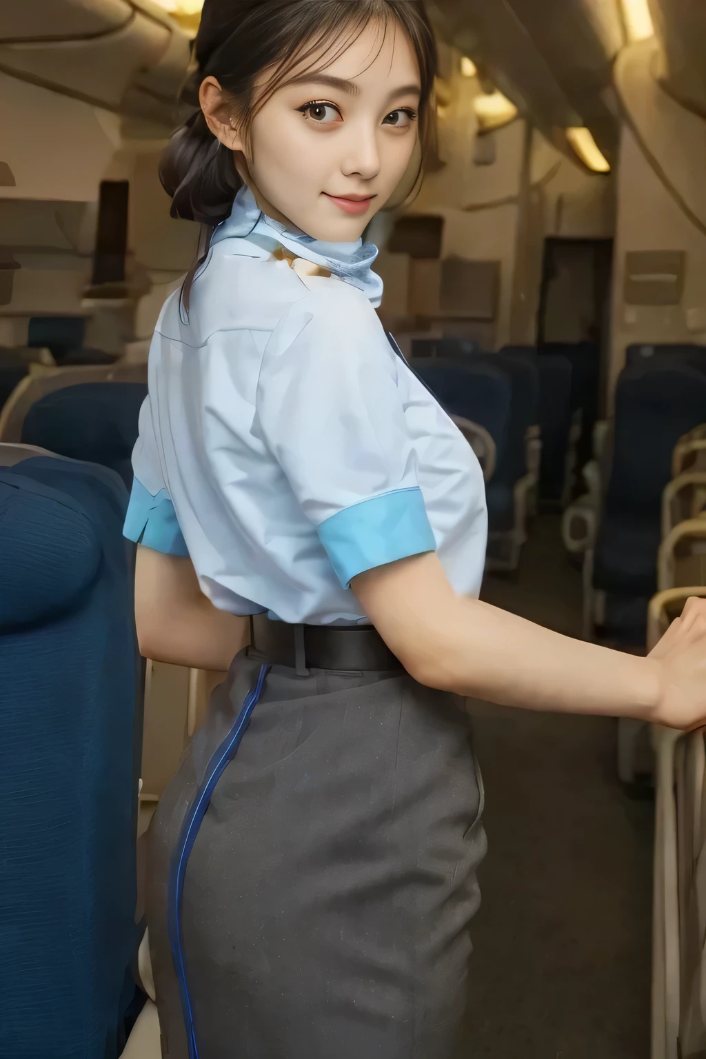 (masterpiece:1.2,  best quality:1.2), 32kHDR,  high resolution for loosely aligning the legs , (Alone、  1 girl)、（ At the airport lounge 、 Professional Writing ）、 In the background of an airport lounge 、（ANA cabincrew uniform blueを着たリアルスタイル）、（（ ANA flight attendant uniform blue short sleeve blouse  、 ANA flight attendant uniform blue skirt with blue lines on the back、 Scarf around the neck ））、  lots of dark brown hair  、（  long hair、Hair tied up、Hair tied up,  braid summary hair  ）、  lots of dark brown hair  、Long Hit、Big Breasts、Thin legs、（（ Amazing hands ：2.0）），（（  harmonious physique with the roof of the building in the background  ：1.5）），（（Normal limbs：2.0）），（（The usual ：2.0）），（（  delicate eyes ：2.0）），（（Normal eyes：2.0））)、smile、（ANA cabincrew uniform blueを見せた美しい後ろ姿）、Hands folded under the body 
