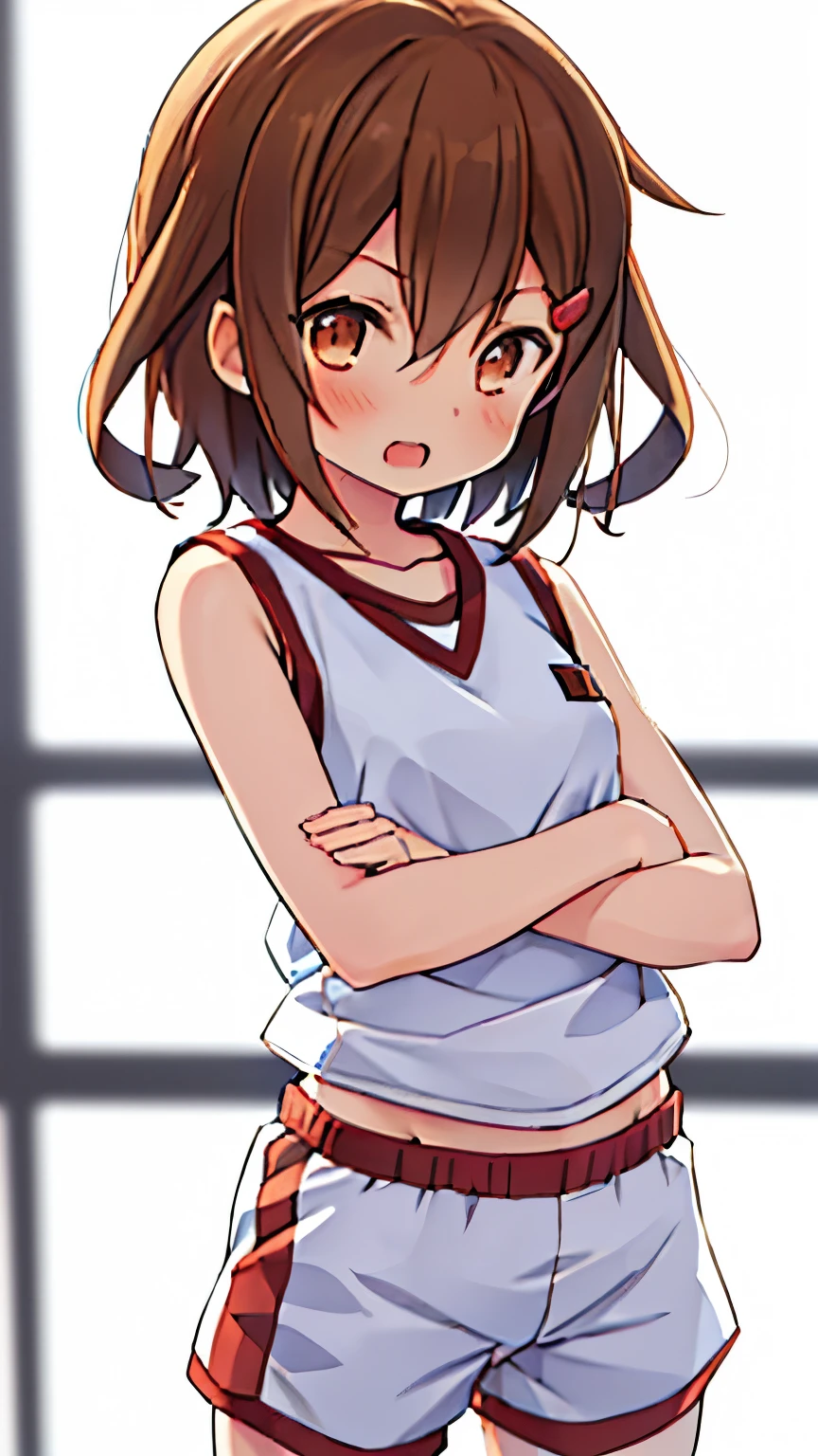 ikazuchi, at the gym, high resolution ,  best quality , UHD, short hair, brown hair, loli,  anatomically correct, HD model,  High details, 1 girl, Alone, tokiwadai, gym uniform, sleeveless, shirt, shorts, sleeveless shirt, gym shorts, white shorts, white shirt, gym shirt, arms crossed