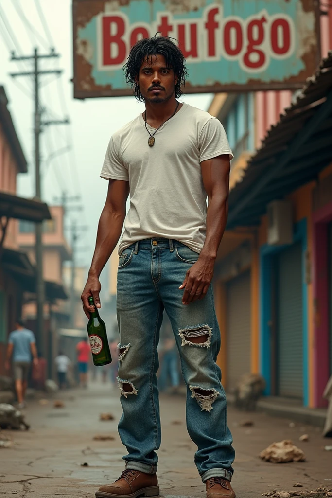 I want a character who is African and who is shirtless with black pants wrapped around her knee with a black hat over her eyes and a cane in her hand and a bottle of cachaça in her other hand in the middle of the street on a dark night