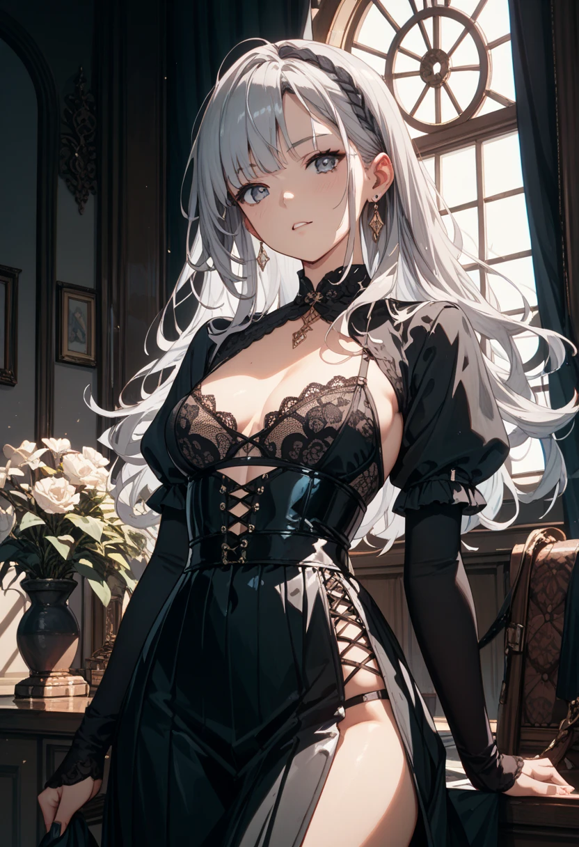 woman with tightly pulled-back gray hair, wearing a high-collared black dress with lace details, small breasts, waist-up, 