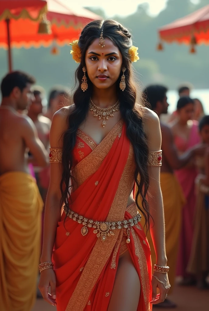 Beautyfull indian girl with very very huge breasts in exposed saree in Indian market surrounded by local men, striping ,nude top ,covering breasts, curvy navel, nipples ,lusting mens surrounded her, touching breasts