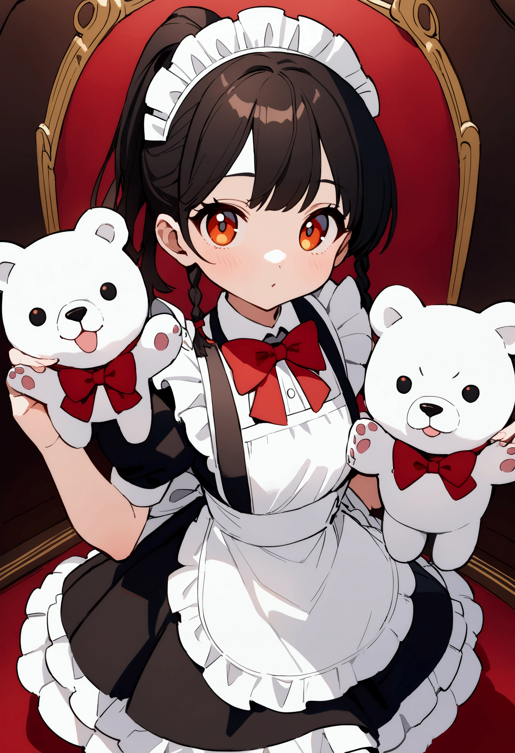 A two-headed q version girl , black hair ,Two ponytail braids , amber eyes,Red bow tie ,Wearing maid outfit, holding a gentle polar bear puppet