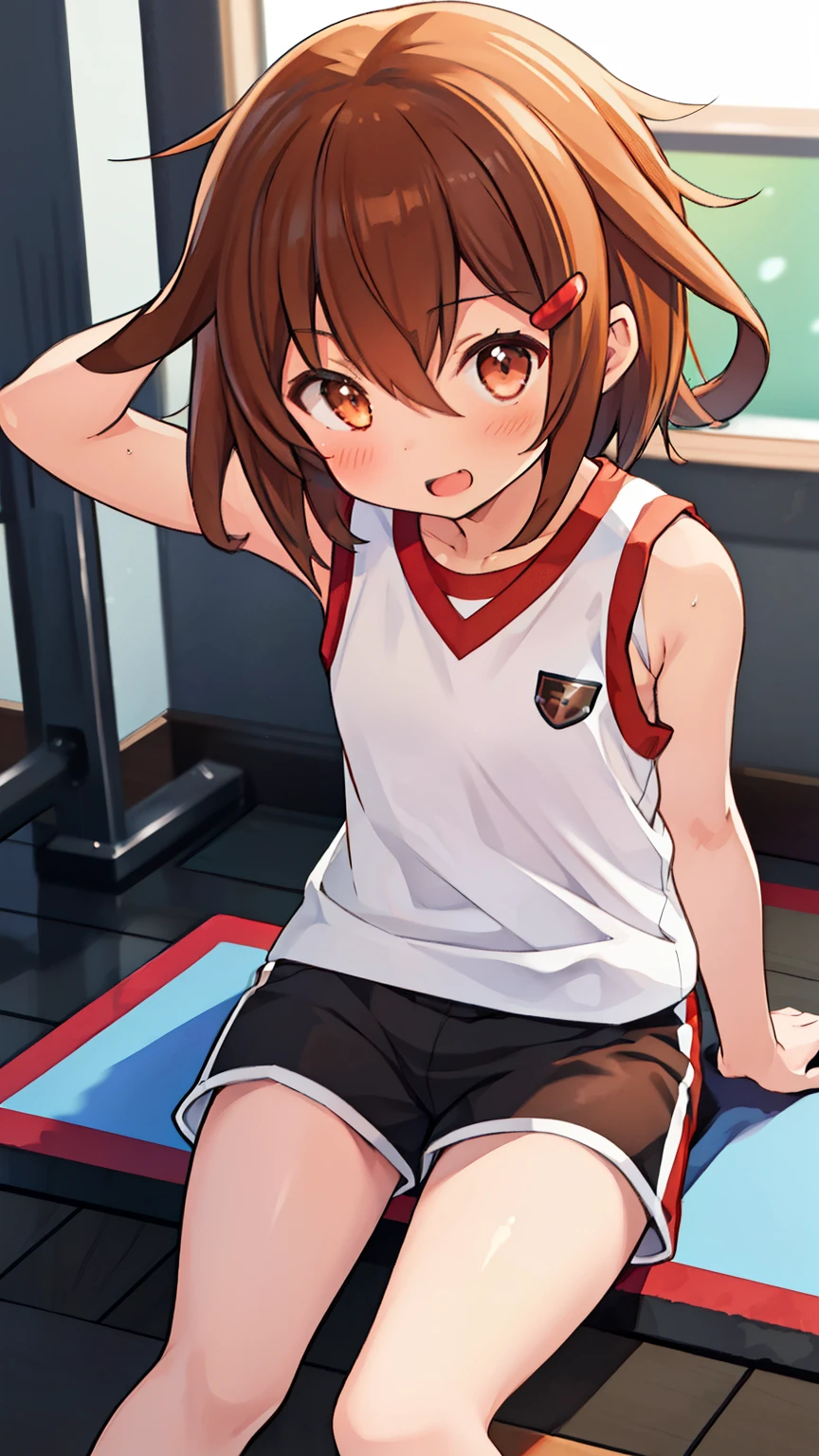 ikazuchi, at the gym, high resolution ,  best quality , UHD, short hair, brown hair, loli,  anatomically correct, HD model,  High details, 1 girl, Alone, tokiwadai, gym uniform, sleeveless, shirt, shorts, sleeveless shirt, gym shorts, white shorts, white shirt, gym shirt, arms crossed