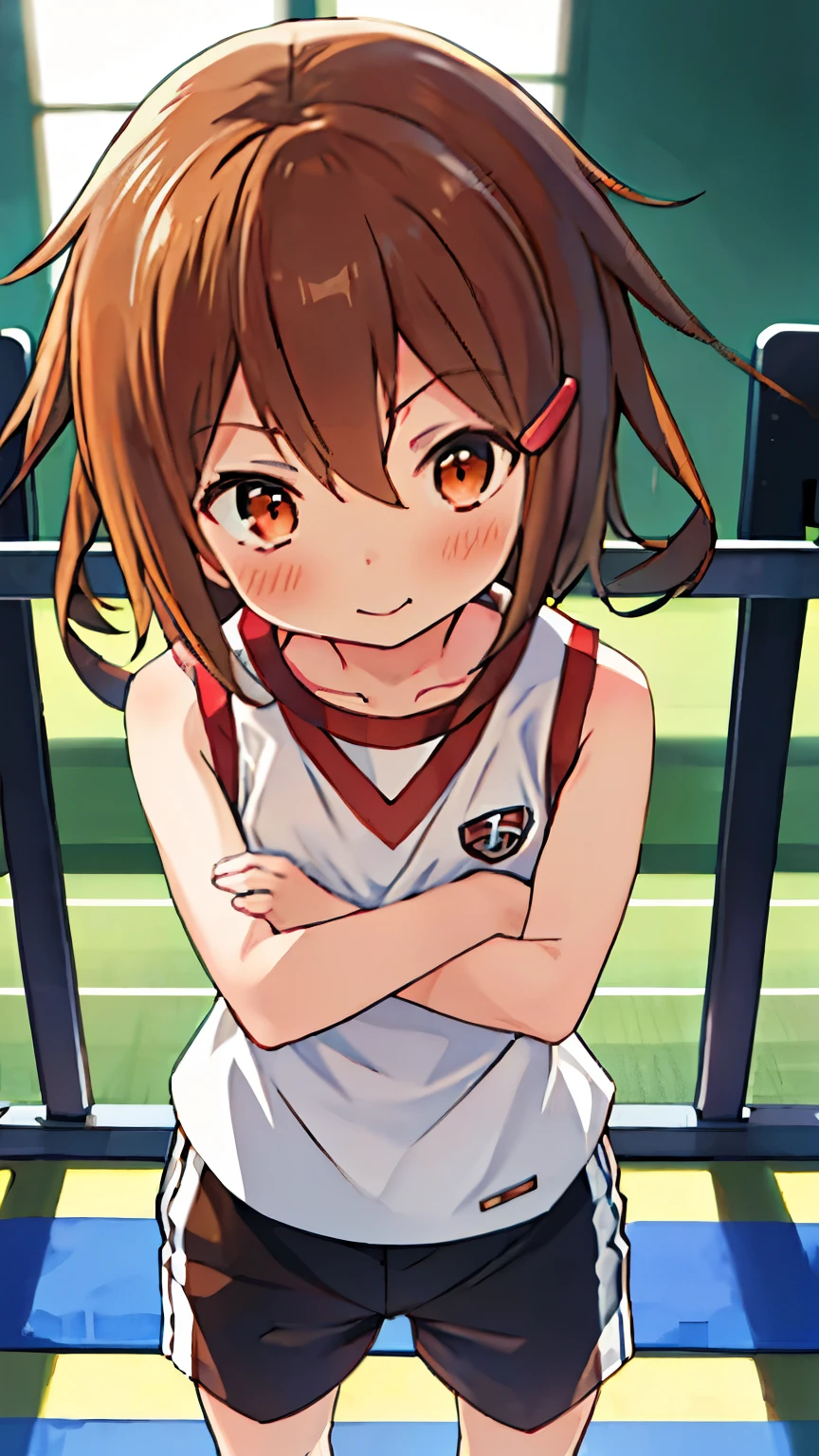 ikazuchi, at the gym, high resolution ,  best quality , UHD, short hair, brown hair, loli,  anatomically correct, HD model,  High details, 1 girl, Alone, tokiwadai, gym uniform, sleeveless, shirt, shorts, sleeveless shirt, gym shorts, white shorts, white shirt, gym shirt, arms crossed