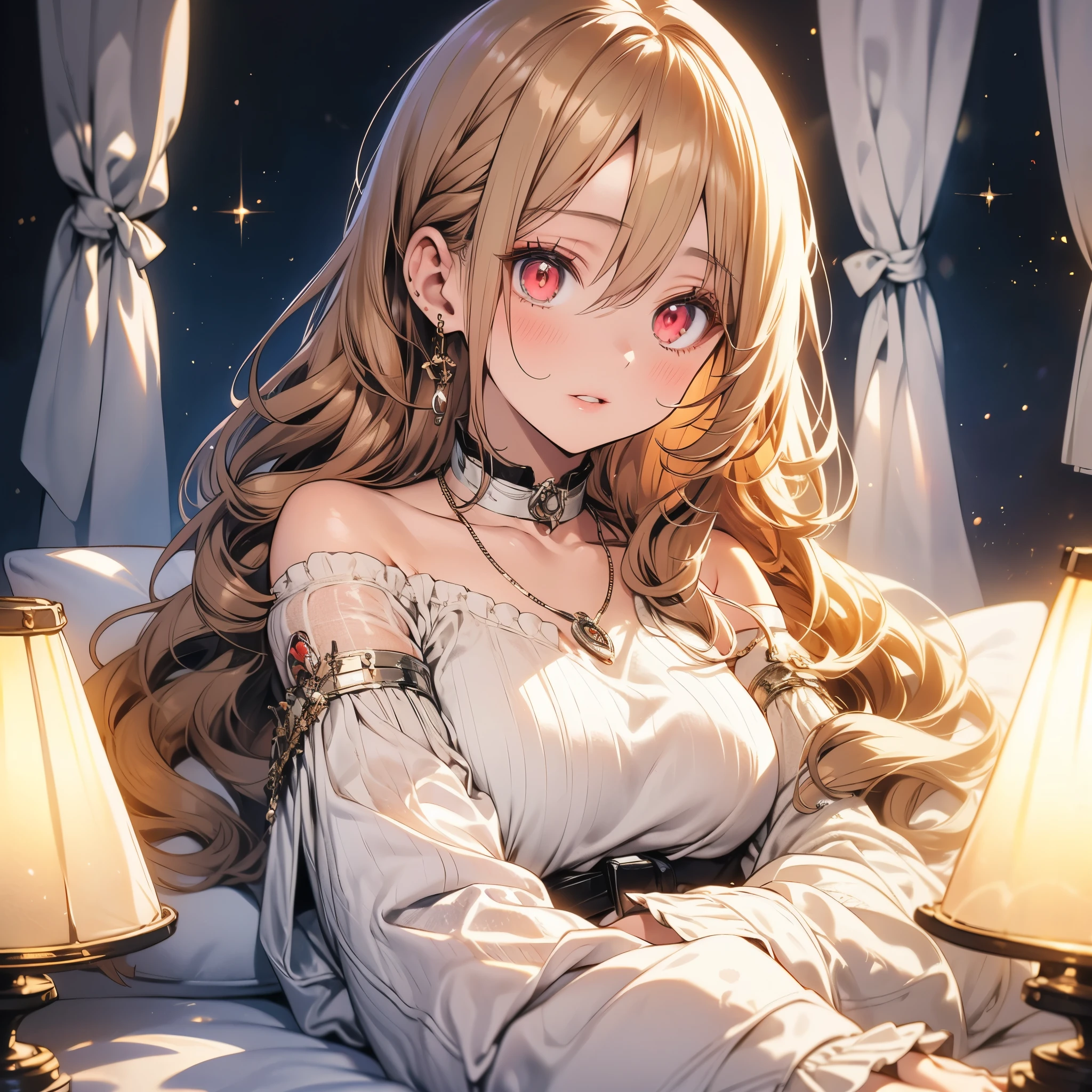 An adorable anime girl lying on her back on a cozy bed, her upper body slightly propped up as if shyly looking up at the viewer. She has a youthful but mature face, with soft, well-defined facial features, blushing cheeks, and wide pink eyes. Her expression is shy and flustered, with slightly parted lips. Her long, wavy, silky hair, peach blonde, strawberry blonde, cascading around her shoulders and spread across the bed. She is wearing a soft, ruffled top with intricate white lace details and bows, paired with a plaid sweet-style skirt. Her legs are extended comfortably on the bed, dressed in sheer, semi-transparent white thigh-high stockings that subtly reflect the soft lighting. Around her neck, she wears elegant silver necklaces that glimmer faintly.

The setting is a cozy, realistic bedroom. The bed is slightly messy, with a soft blanket draped over the side and several fluffy pillows scattered around. The lighting is warm and soft, creating a dreamy and romantic glow. The focus is entirely on her, with the background blurred slightly for depth. Masterpiece quality, ultra-detailed textures, highly realistic 4K and 8K resolution, combining 2D and 3D aesthetics, fine details, and crisp focus. Perfectly balanced lighting for a cozy, romantic, and serene atmosphere.