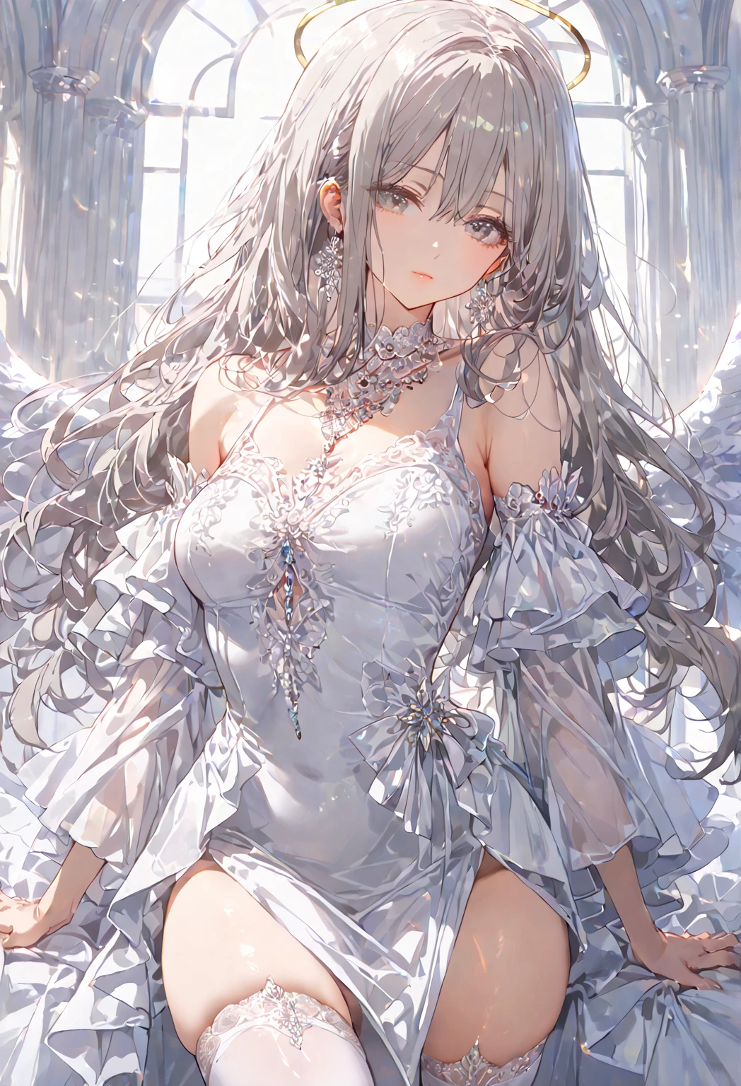 1 girl, solo, ((mature woman)), ((milf)), angel,
glossy skin, shiny skin, ((grey hair)) long hair, very long hair, bangs, grey eyes, perfect eyes,
dress, frills, wide sleeves, white dress, gem, jewelry, thigh highs, white thigh highs, white footwear, high heels, ((White theme)),
closed mouth, expressionless, ((both arms are behind her)), 
full body,
perfect hand, perfect eyes, perfect posture, perfect anatomy, 
((masterpiece)), 4K, 8K, best quality, score_9, score_8_up, score_7_up, ultra-detailed, ((portrait)),