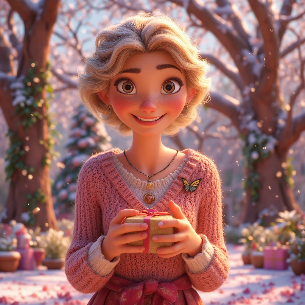  Beautiful pretty girl Little stature ,  Short Hair ,  blond hair,  Joyful Look , emotion of joy,  butterfly on clothes in the form of a brooch ,  Dressed in a warm sweater with a soft pink neck ,  Soft winter pants , Cute boots ,  It's snowing in the Hands Little Gift Box, bright colors,  Background Park with Snowy Trees and Benches ,  The Christmas tree stands elegant sparkling garlands , masterpiece, 8 k,  intricate details , bright colors,  maximum quality ,  best quality,