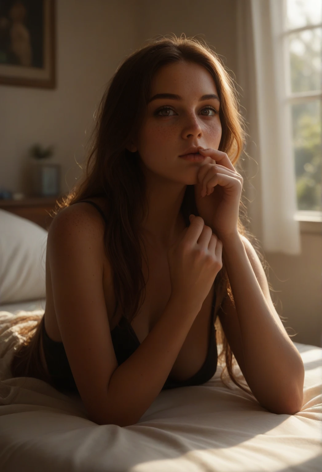 ((Jennifer ehle)), (masterpiece, best quality, high resolution:1.4), woman, (((aged 25))), (((bedroom scene playing playstation))), ((sat in gaming chair)), skin pores texture, light brown hair, fashion, HD , Photography, movie, cinematic, Realistic, (8k, RAW photo, best quality, masterpiece:1.2), (realistic, photo-realistic:1.33), best quality, detailed eyes blue, cute, natural lighting, depth of field, film grain, wrinkled skin, sharp, detailed and realistic portrait of a woman , (freckles:0.5)