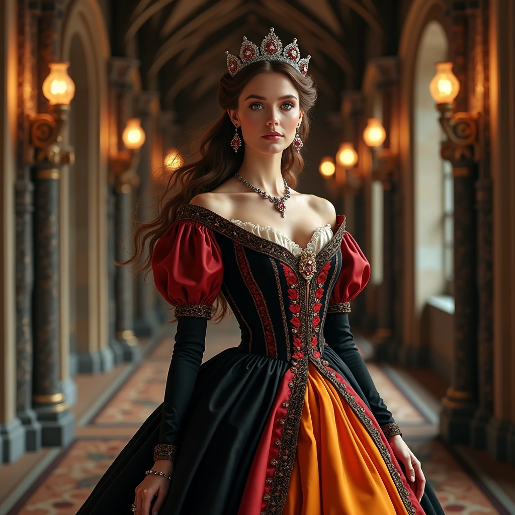 Women with brown hair and a tiara and a hairstyle, wearing a black, orange and red tudor style dress and red jewlry standing in the hallway of a medieval castle