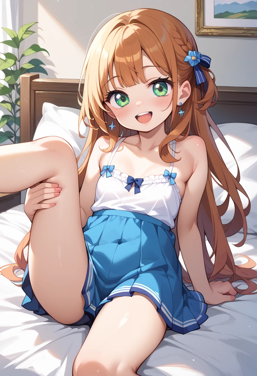 (( best quality)), ((masterpiece)), (be familiar with),  perfect face, indoor, bedroom,  viewer,
One woman,  Gamemun Neko ,
 open mouth,  ecstatic expression with hands in front of body, blush, smile,
Small breasts,  flat chested, Young girl, Lori,  kids,  girl,
 long hair,  Long Hair,
Leg spread,