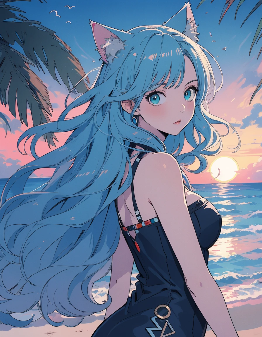 one piece dress, sunset, beach, master piece, high quality illustration, digital art,4K, cat ear, pale skin, medium breasts, aqua colored eyes, blue and aqua color hair,