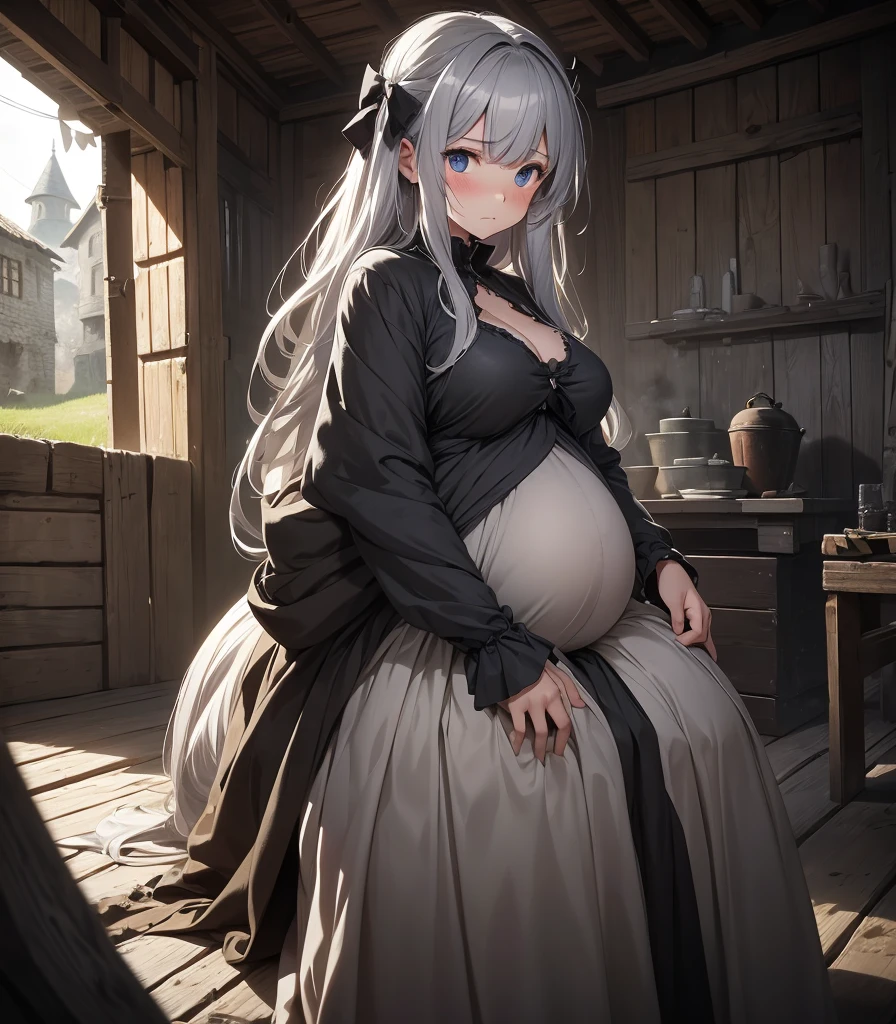 1 young girl, long gray hair clipped, medieval fantasy, poor, simple and torn clothes, bow, pregnant, big pregnant, hands resting on belly, face at camera, sitting in front of a broken hut, full face blush, sad face