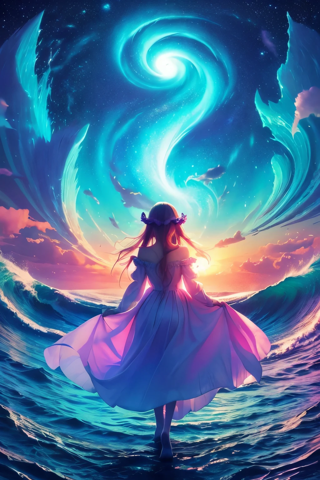 Mermaid Shadow、The main event is sunrise.、Small butterfly、Starry Skyと朝日、coastline、wonderful蝶、The image depicts a mermaid,Anime-style digital painting of a horizon landscape, wonderful, Atmospheric,Low angle of a soft and warm sunset, A palette of soft tones of blue and orange accentuating the horizon,A little mermaid and butterfly appear in the background..、Starry Sky