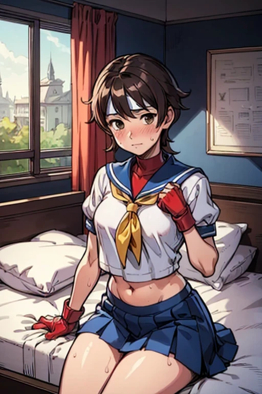 Kasugano Sakura,  Brown Eyes , ( short brown hair), (white headband), sailor collar , School, Short sleeve, belly button,  blue skirt, Red gloves,  look at the viewers, ,  bedに寝る, Mid Shot,  ,  High Quality ,   Masterpiece , blush, ( nervous expression entering the front door)、(( profuse sweat))、( girls room)、( bed)、(( bedに寝る))、 embarrassing,Bright interior、natural light l  (((egs up))),(pillow)