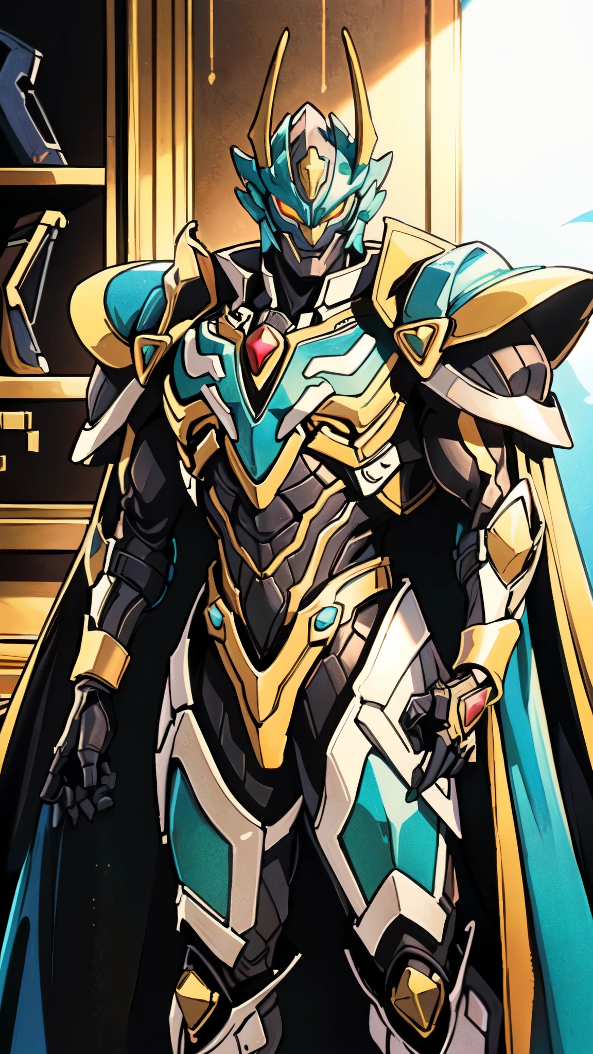 (masterpiece:1.5, best quality:1.5, extremely delicate:1.5), ((male:1.5)), a man wearing a full-face helmet, high-tech biomimetic armored combat suit, (a composite layered chest armor), the design balances heavy with agility, fully enclosed shoulder guards, matching arm and leg guards, a belt of gemstone, (the color scheme is primarily Green with Aqua and Red accents, Organic Biotech, Concept Inspired by Demon Knight, glowing eyes, armor glows, the huge cape fluttering in the wind), stand of a futuristic sci-fi city, this character embodies a finely crafted fantasy-style armored hero in anime style, exquisite and mature art style, metallic, high definition, highres, ultra-detailed, ultra-fine painting, professional, perfect body proportions, golden ratio, anatomically correct, symmetrical face, extremely detailed eyes and face, high quality eyes, creativity, RAW photo, UHD, 32k, Natural light, cinematic lighting, (masterpiece-anatomy-perfect:1.2)