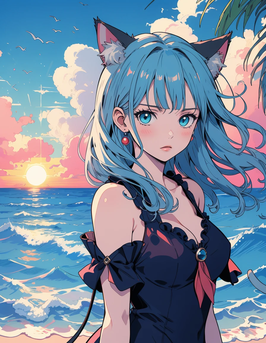 one piece dress, sunset, beach, master piece, high quality illustration, digital art,4K, cat ear, pale skin, medium breasts, aqua colored eyes, blue and aqua color hair,