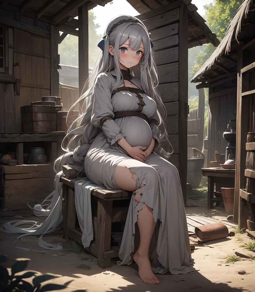 1 young girl, long gray hair clipped, medieval fantasy, poor, simple and torn clothes, bow, pregnant, big pregnant, hands resting on belly, face at camera, sitting in front of a rickety hut, full face blush, sad face