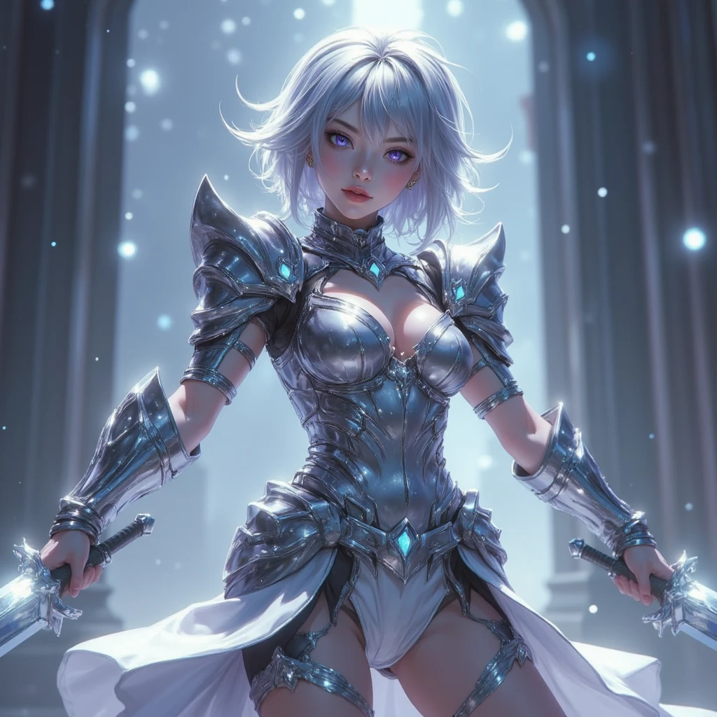 "4K quality, digital drawing mode, a playful yet skilled female warrior with short silver hair and glowing violet eyes, dressed in sleek silver armor with twin blade symbols, standing in a mirrored realm, her radiant skin shimmering with an ethereal glow, mischievous yet focused expression, full body, dynamic pose as she wields dual silver swords, life size, perfect anatomy, detailed skin texture, full HD, 4K, HDR, depth of field."