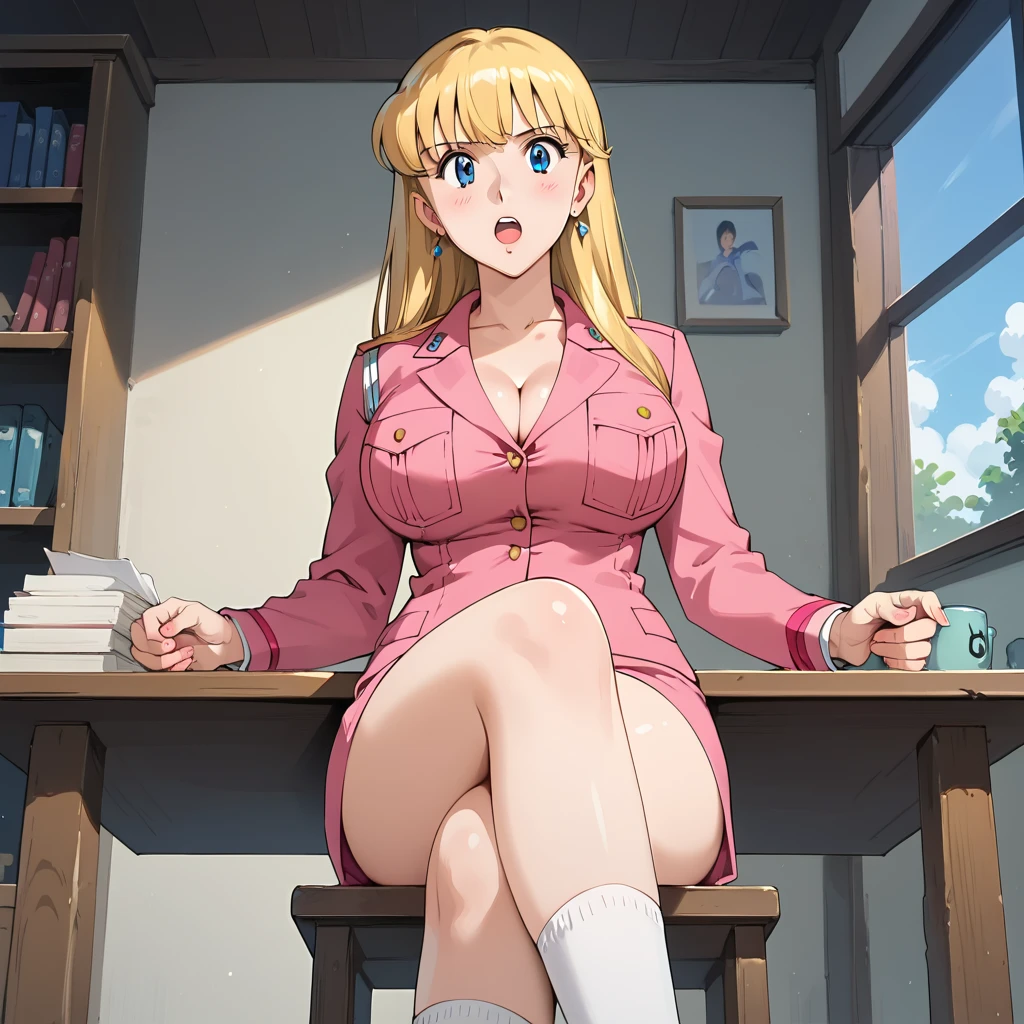 score_9,score_8_up,score_7_up,rating_explicit, source_anime,POV,1990s \(style\), BREAK r3iko,milf woman,exposed only hem of skirt,police pink suit ,blonde hair,middle hair, beautiful blue eyes, natural large breasts,cleavage, curvy, cowboy shot,little angry,sitting in front of fireplace in european house,writing on document, documents scattered on table,open mouth,crossed legs,very short socks,from below