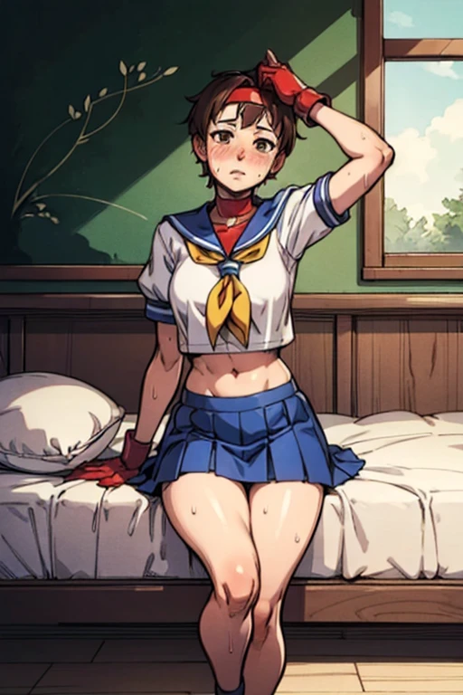 Kasugano Sakura,  Brown Eyes , ( short brown hair), (white headband), sailor collar , School, Short sleeve, belly button,  blue skirt, Red gloves,  look at the viewers, ,  bedに寝る, Mid Shot,  ,  High Quality ,   Masterpiece , blush, ( nervous expression entering the front door)、(( profuse sweat))、( girls room)、( bed)、(( bedに寝る))、 embarrassing,Bright interior、natural light l  (((legs up))),(pillow)