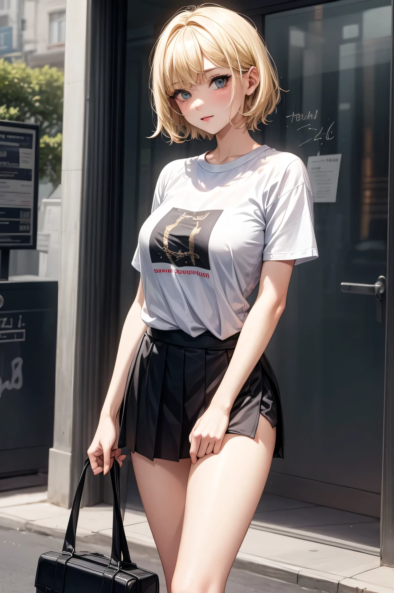Beautiful Chinese waifu, early 30s, brunette hair, Tshirt, sitting on bed