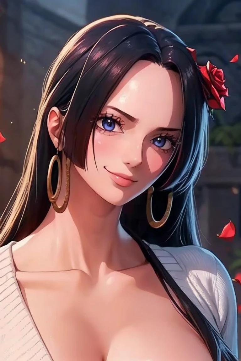 best quality, masterpiece, highly detailed,1girl, ((rose)), (vine), cage, bandage, red rope, (detail light), falling rose petals, Boa Hancock, , (masterpiece:1.5), Detailed Photo, Smiling, Sexy, (8K, Best Quality: 1.4), (1girl), Beautiful Face, (anime realistic Face), (Black Hair, long Hair: 1.3), Beautiful Hairstyle, Realistic eyes, beautiful detail eyes, (white skin), beautiful skin, absurd, attractive, ultra high resolution, ultra realistic, high definition, golden ratio, (sexually aroused:1.5), Pinkish white skin, cool white light, sexy pose, Beautiful , white background, pink soft white light, Wear a white dress, sexy armpit, black lace bra