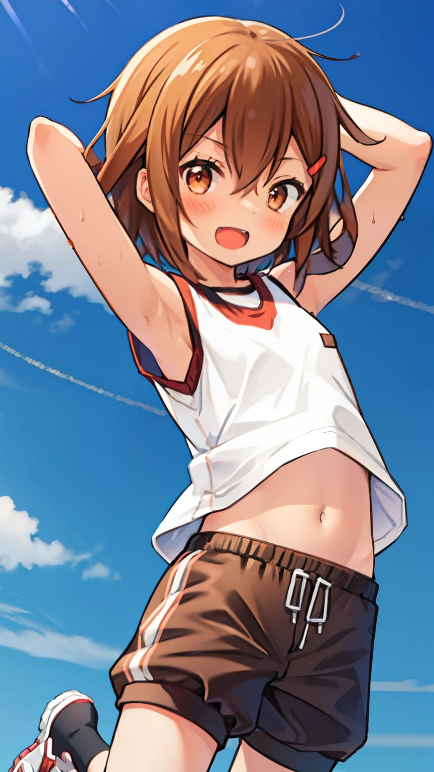 ikazuchi, at the gym, high resolution ,  best quality , UHD, short hair, brown hair, loli,  anatomically correct, HD model,  High details, 1 girl, Alone, tokiwadai, gym uniform, sleeveless, shirt, shorts, sleeveless shirt, gym shorts, white shorts, white shirt, gym shirt, arms, long jump, mid jump, dynamic pose, speedlines, good hands