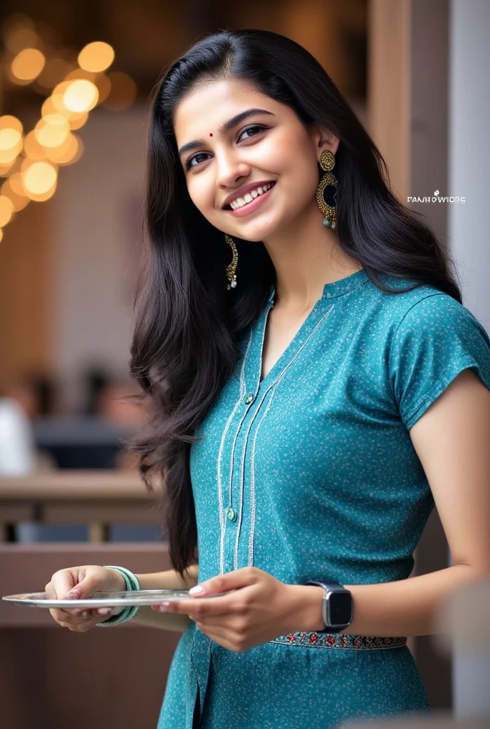 In a cozy, bustling café, an Indian girl stands poised as a waitress, holding a tray gracefully in one hand with a warm, welcoming smile. Her long hair is styled in a neat updo, and she’s dressed in a traditional blue blouse with short sleeves and a knotted front, paired with a matching draped bottom piece featuring an embellished waistband, lending a unique touch to her look. She wears delicate jewelry, including small gold earrings and colorful bangles, and has a small bindi on her forehead, adding a hint of traditional charm to her modern role.

The café is lively, with patrons engaged in quiet conversations and the aroma of fresh coffee in the air. She weaves through the tables effortlessly, ready to serve with grace and warmth, enhancing the inviting atmosphere