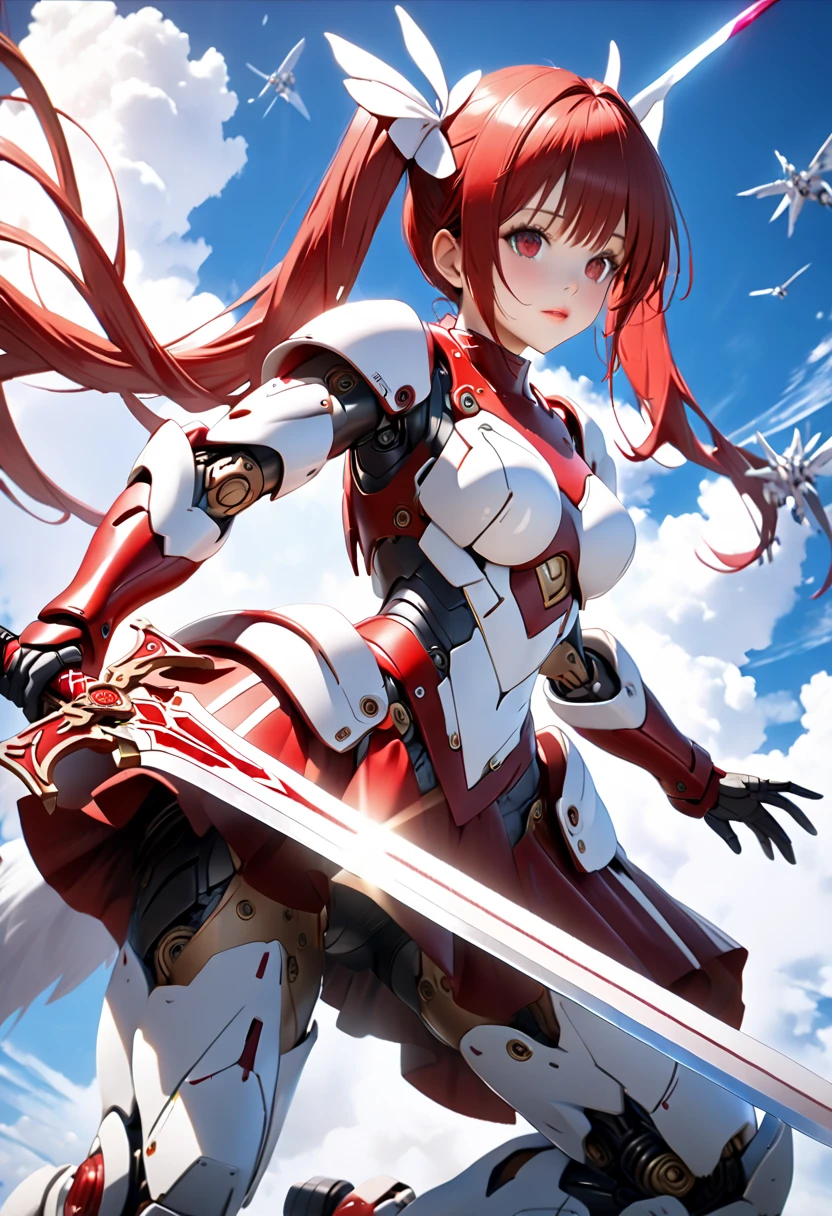 Ultra HD 3dCG concept art,   A girl wearing robot armor flies dynamically through the sky with a long sword. one girl, a robot girl with long red hair, twin tails ,  red and white mechanical barrette  , Highly detailed red eye,  beautiful lips, Breathtakingly detailed skin,Wearing flashy red and white robot armor,  stylish depiction and realism of robot armor , Detailed depiction of the robot armour&#39;s mechanisms, Surface gloss and texture,(  with a long red and white sword  :1.5). Accurate depiction of a hand holding a sword,The extremely detailed pattern and shape of the sword,  Light from a sword blade and red beam radiation effects from the blade  ,Flying in the blue sky、(Dynamic flight:1.2)、Full body portrait, High Quality ,  highdefinition images,(  Masterpiece , 最 High Quality , 4K, 8k.:1.5).  ultra detail, Paintings of Transcendental Technique ,  3d rendering ,  movie-like lighting , vivid color,  professional photo resolution ,  Award-Winning 、