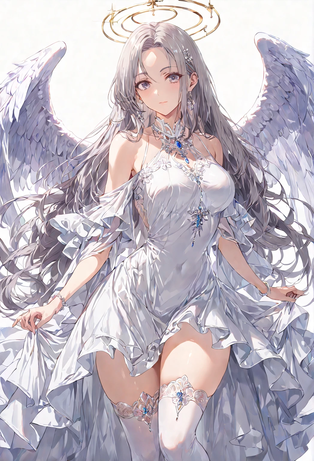 1 girl, solo, ((mature woman)), ((milf)), angel,
glossy skin, shiny skin, ((grey hair)) long hair, very long hair, bangs, grey eyes, perfect eyes,
dress, frills, wide sleeves, white dress, gem, jewelry, thigh highs, white thigh highs, white footwear, high heels, ((White theme)),
closed mouth, expressionless, ((both arms are behind her)), 
full body,
perfect hand, perfect eyes, perfect posture, perfect anatomy, 
((masterpiece)), 4K, 8K, best quality, score_9, score_8_up, score_7_up, ultra-detailed, ((portrait of mature woman)),