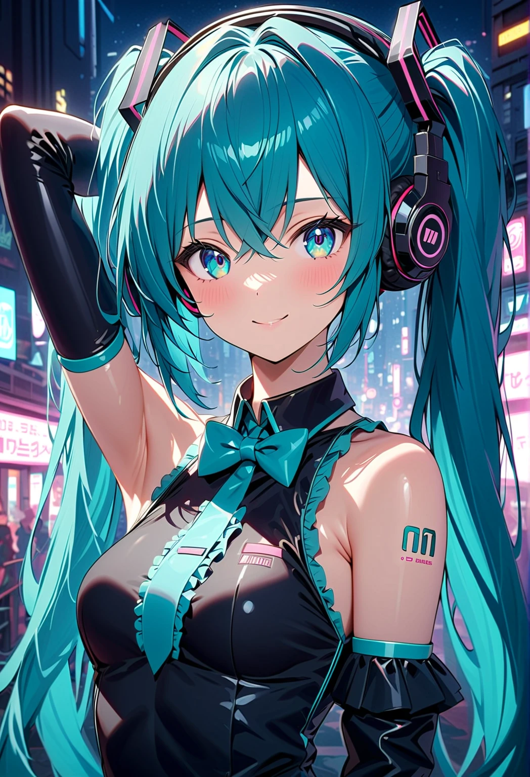 1girl, ((hatsune miku)), (aqua eyes, aqua hair, crossed bangs, hair between eyes, hair ornament, headphones, long hair, twintails:1.2), detailed beautiful eyes, extremely beautiful face, (beautiful skin, oiled skin, glossy skin, smile), slender, small breast, ((sleeveless shirt:1.2, frills, detached sleeves:1.2, bowtie)), (arm behind head, arm up, show armpit), (in the futuristic city, night city, neon light, futuristic back background), (cowboy shot), (detailed depiction of the face, from front, looking at viewer:1.3, face focus), deep depth of field, stunning, fascinating, enchanting, broad lighting, cinematic composition, (very detailed, ultra-high resolution, absurdres, highres, masterpiece, best quality, very aesthetic, fine texture, newest, perfect lighting, best shadow, sharp focus, high color saturation, anatomically correct, perfect hands, 8k)